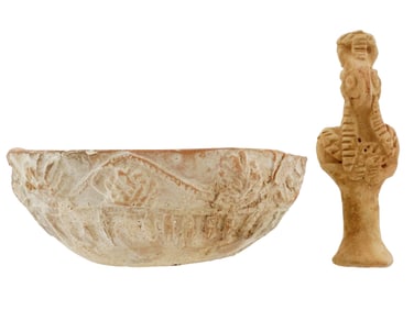 ANCIENT ROMAN CLAY BOWL AND HITTITE ASTARTE FIGURE