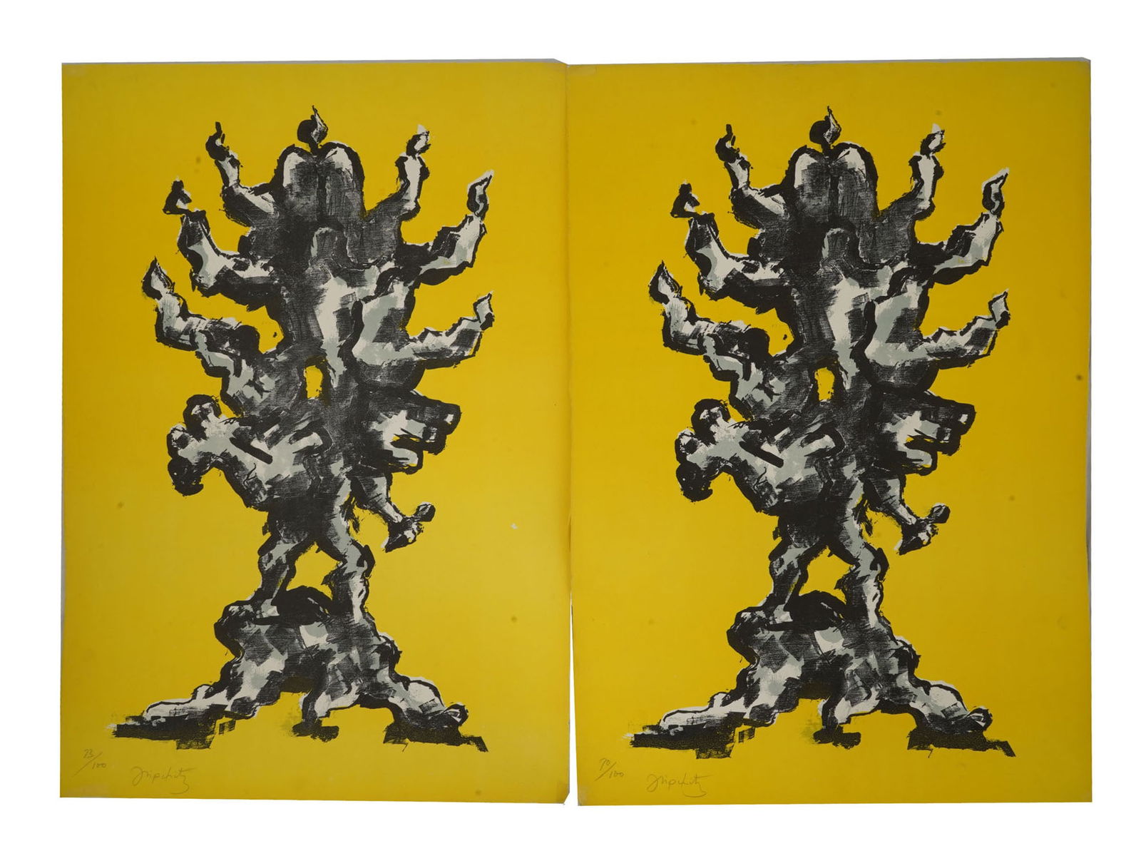 JACQUES LIPCHITZ SIGNED LTD ED COLOR LITHOGRAPHS: A pair of identical color lithographs on paper by Jacques Lipchitz, 1891 to 1973, a Lithuanian-born Jewish Cubist sculptor based in France and the US. Lipchitz produced muscular, expressive works expl