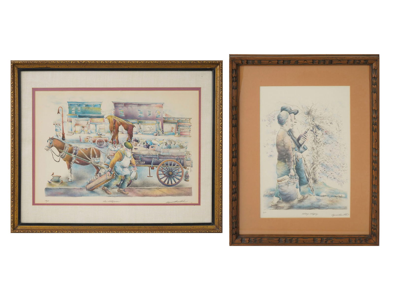 AMERICAN LIMITED ED LITHOGRAPHS BY SEYMOUR ROSENTHAL: A lot of two vintage limited edition lithographs by American visual artist Seymour, 1921 to 2007. The first artwork is titled The Seltzerman and numbered 208 of 250. The second is titled Holiday Shopp