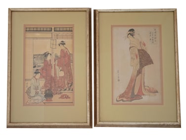 PAIR OF ANTIQUE 19TH C JAPANESE WOOD BLOCK PRINTS