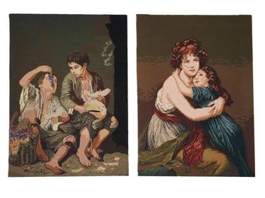 TWO COMPLETED NEEDLEPOINT CANVAS TAPESTRIES