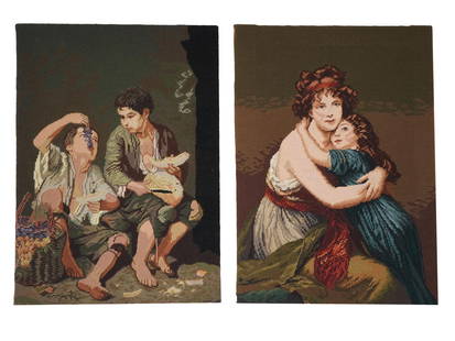 TWO COMPLETED NEEDLEPOINT CANVAS TAPESTRIES: A lot of two completed needlepoint canvas tapestries. The first is titled Children Eating a Tart after original artwork by Bartolome Esteban Murillo. The second one is a double portrait, titled Self P