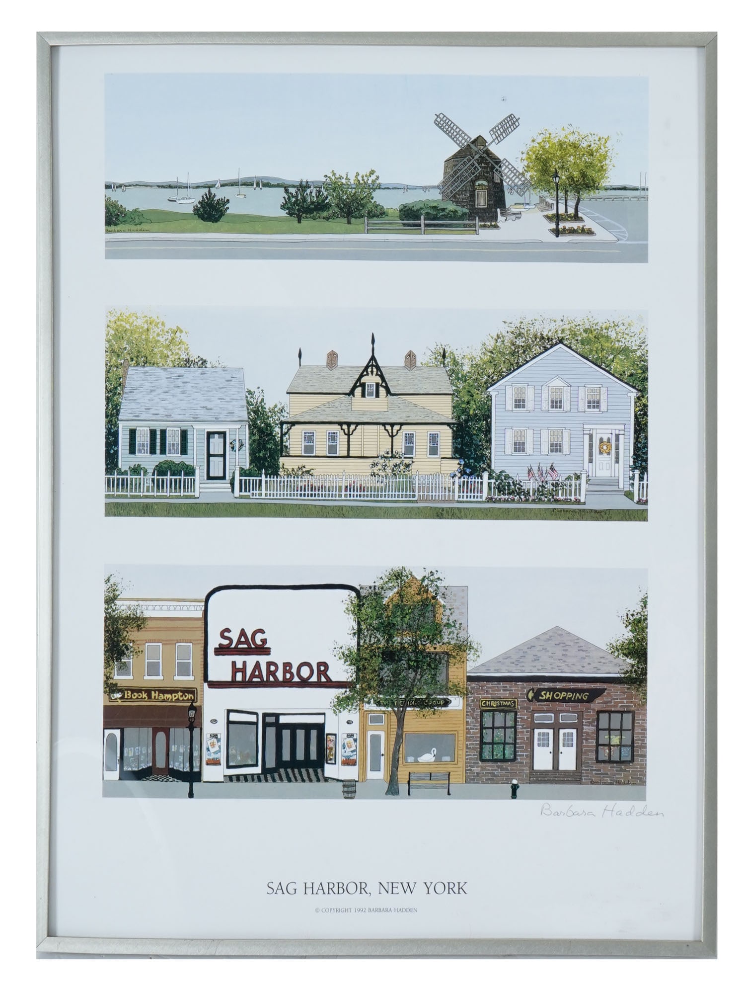 BARBARA HADDEN NEW YORK CITYSCAPE POSTER SIGNED: Color print by Barbara Hadden, an American self-taught artist based in Sag Harbor. Her landscapes and architectural portraits in color-block style were largely inspired by Edward Hopper. Titled Sag Ha