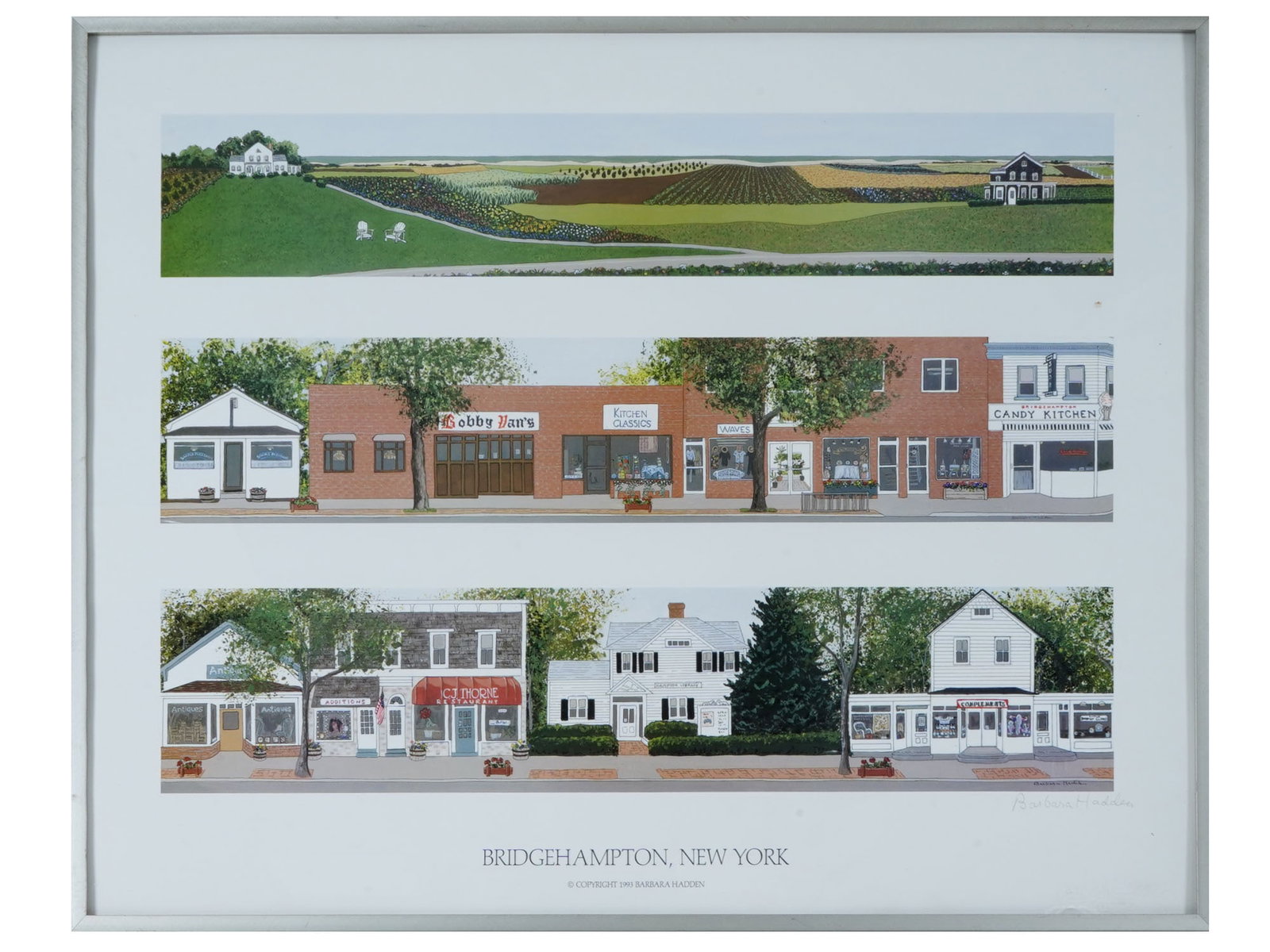 BARBARA HADDEN NEW YORK CITYSCAPE POSTER SIGNED: Color print by Barbara Hadden, an American self-taught artist based in Sag Harbor. Her landscapes and architectural portraits in color-block style were largely inspired by Edward Hopper. Titled Bridge