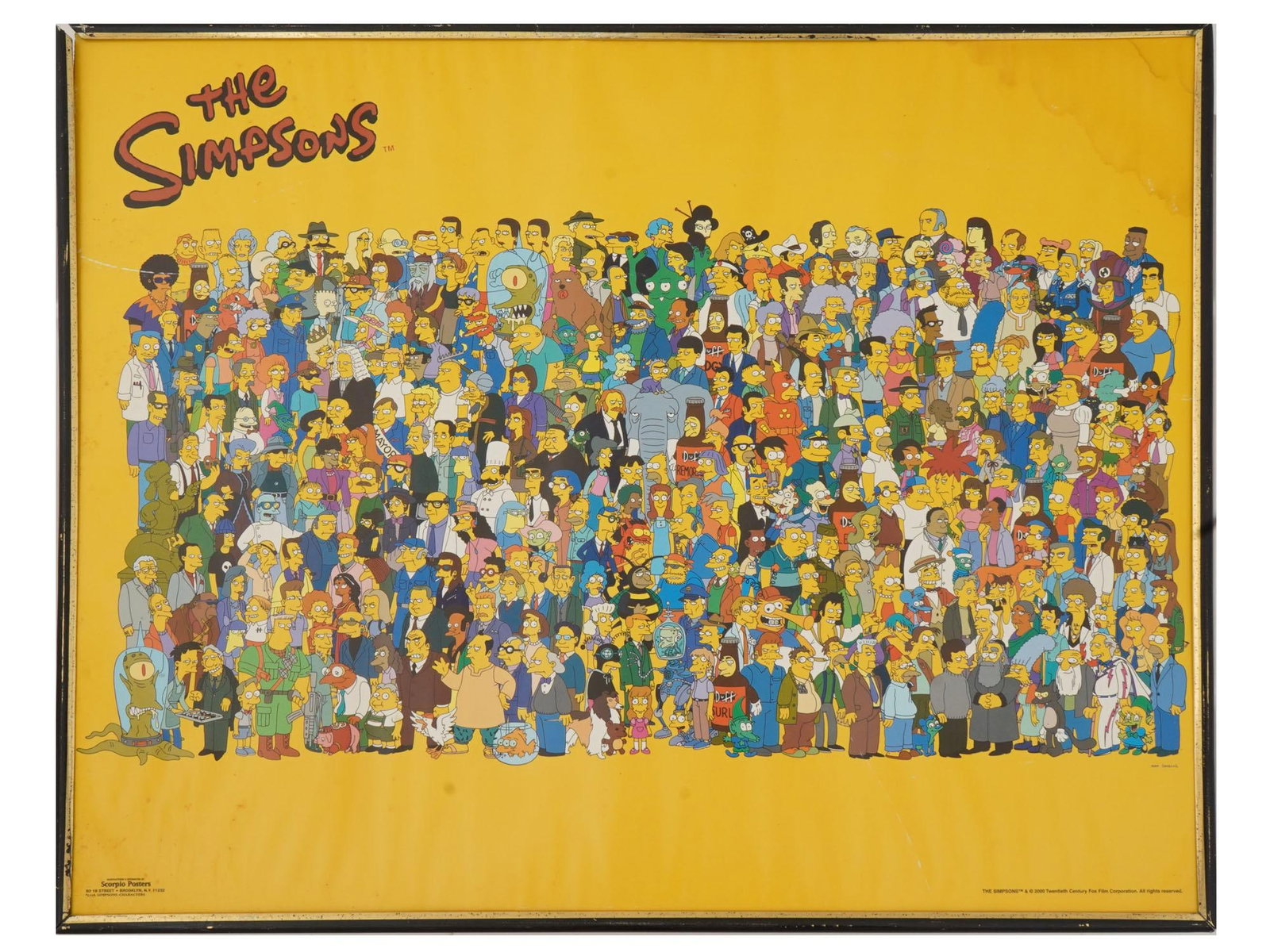 LARGE POSTER W SIMPSONS CHARACTERS BY MATT GROENING: A large poster of Twentieth Century Fox Film Corporation with all the characters of the cartoon The Simpsons by Matt Groening, 2000. Framed and marked. Manufactured and distributed by Scorpio Posters.