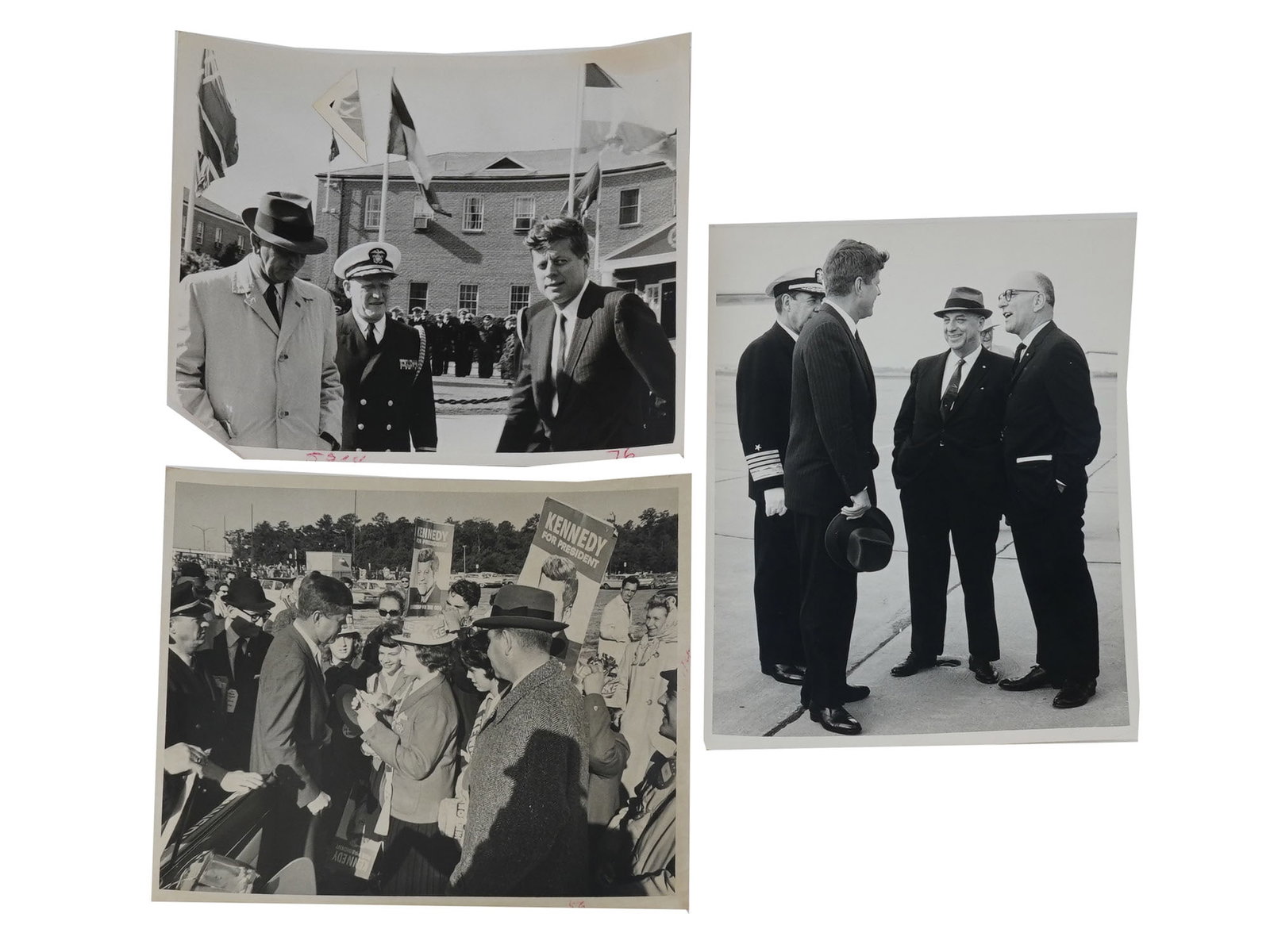 ORIGINAL PHOTOS OF US PRESIDENT JOHN F KENNEDY: A lot of three original black-and-white photographs of John F. Kennedy, 1917 to 1963, the 35th President of the US, serving from 1961 to 1963. Dated 1960, presidential campaign period, and 1962, Kenne