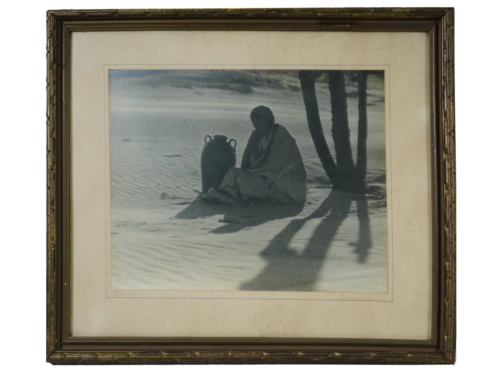 AMERICAN PHOTO BY WILLIAM GILCHRIST AFTER OMAR K.: William Wallace Gilchrist, American, 1879 to 1926, a photograph titled After Omar K. and inscribed William Gilchrist lower right with the title noted at the lower left. Matted and framed. William Wall
