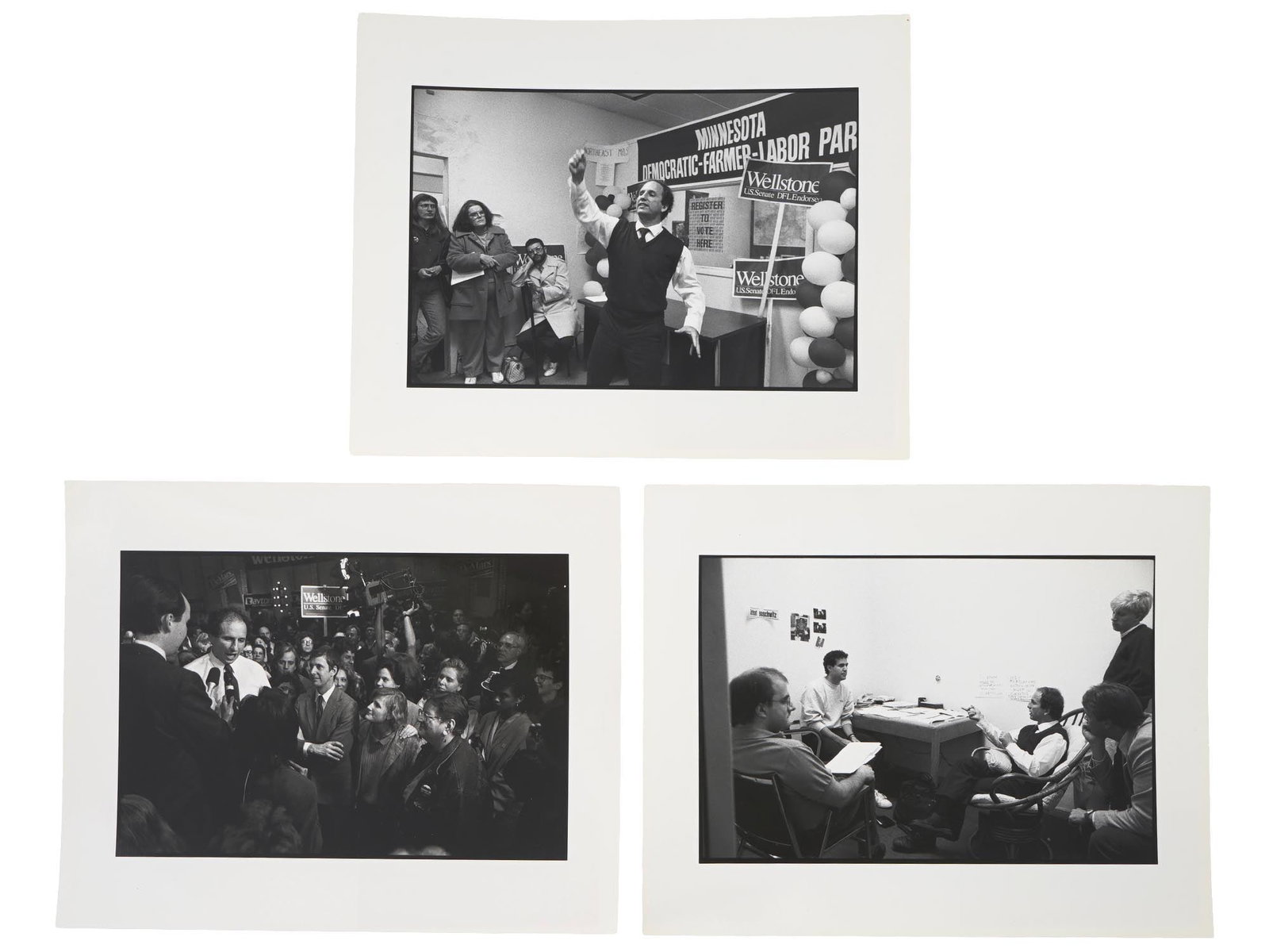 VINTAGE AMERICAN PHOTOS PAUL WELLSTONE CAMPAIGN 1990: Three vintage American photos depicting Paul David Wellstone during his campaign for the U.S. Senate. Wellstone was an American academic, author, and politician who represented Minnesota in the United