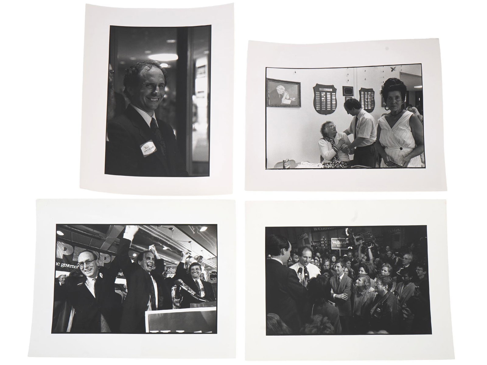VINTAGE AMERICAN PHOTOS PAUL WELLSTONE CAMPAIGN 1990: Four vintage American photos depicting Paul David Wellstone during his campaign for the U.S. Senate. Wellstone was an American academic, author, and politician who represented Minnesota in the United 