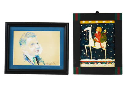 LOT OF AMERICAN PAINTINGS SIGNED BY THE ARTISTS: A lot of two American paintings. The first: Xavier De Callatay, Belgian, American, 1932 to 1999, mixed media painting on paper depicting a portrait of a man, 1962; signed and dated, lower right. Xavie