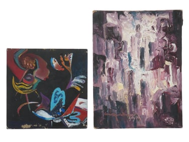 TWO VINTAGE ABSTRACT OIL ON CANVASBOARD PAINTINGS