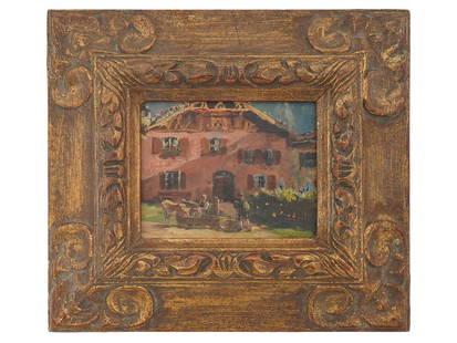 ANTIQUE OIL PAINTING AUSTRIAN VILLAGE SCENE UNSIGNED: An antique oil painting on a wooden panel, depicting an Austrian village scene, rendered with rich detail and a warm, pastoral atmosphere. Unsigned. Housed in a carved frame. Circa the early 20th-cent