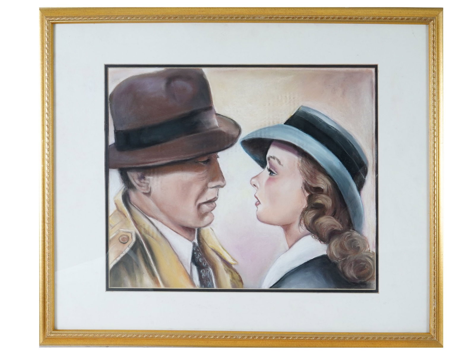 ATTR TO CAROL B COLLINS AMERICAN PASTEL PAINTING: Attributed to Carol B. Collins, an American painter, a pastel painting on paper depicting a scene with a couple. Framed. A printed invitation for Carol B. Collins A One Woman Exhibition, on the backsi