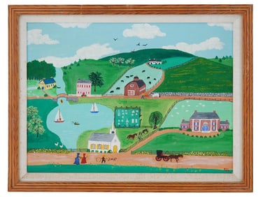 AMERICAN FOLK ART LANDSCAPE OIL PAINTING SIGNED PJL