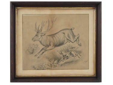 HUNTING SCENE PENCIL PAINTING SIGNED BY THE ARTIST
