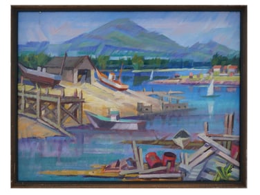 MODERNIST EUROPEAN SCHOOL HARBOUR SCENE OIL PAINTING