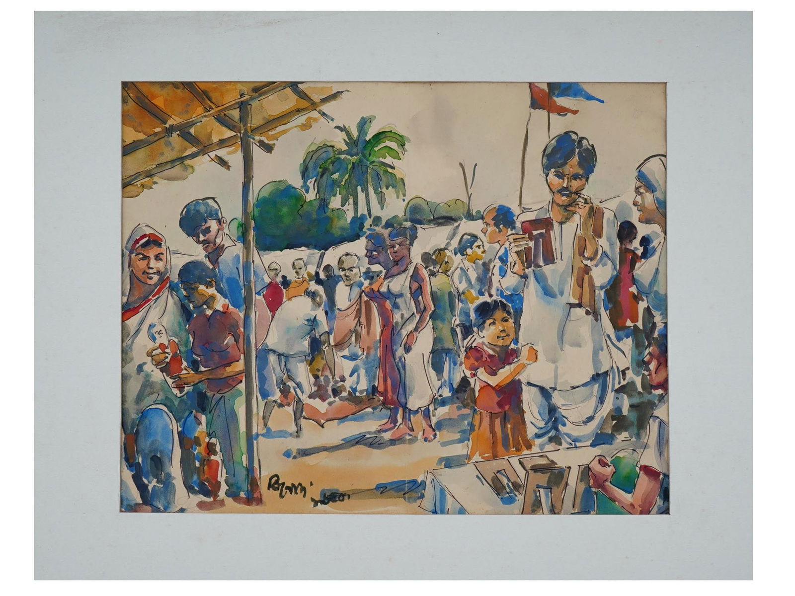 INDIAN MIXED MEDIA PAINTING SIGNED BENODE B MUKHERJEE (1 of 4)