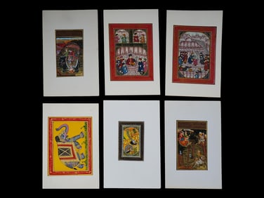 6 ANTIQUE INDO PERSIAN MINIATURE PAINTINGS ON SILK