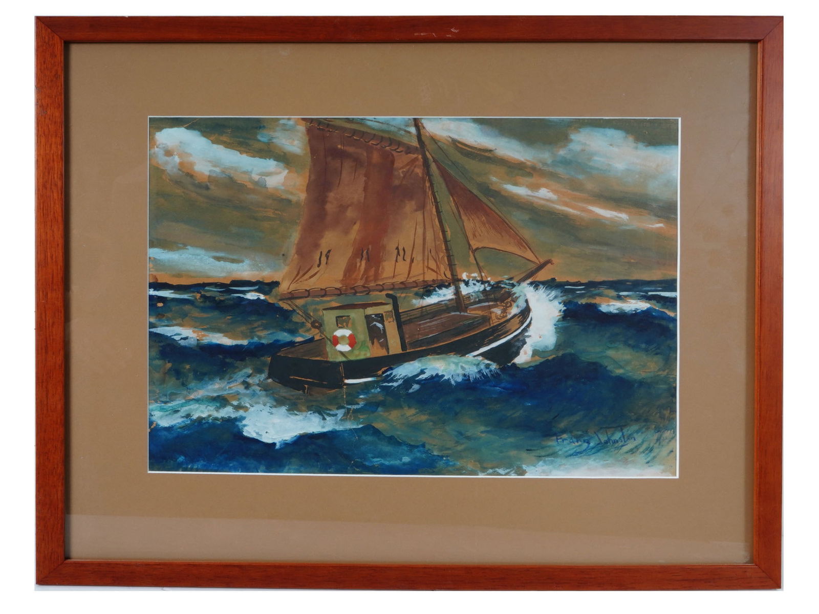 CANADIAN MIXED MEDIA PAINTING SIGNED FRANZ JOHNTON: A mixed media painting on board, Sail Boat. Signed, Franz Johnston, lower right. Framed. Circa: 1960s to 1970s. Paper labels of the Kastel Gallery and Allen Gallery, on the backside. Franz Johnston, 1