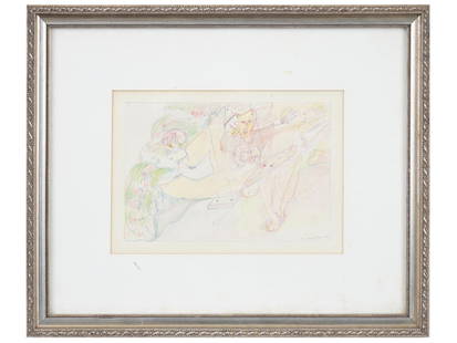 EVA BOUZARD HUI AMERICAN MIXED MEDIA PAINTING: Graphite and color crayons on pencil painting by Eva Bouzard-Hui, 1936 to 2023, an American artist and visionary educator. The artwork depicts two Surrealist characters on swings. Titled The Used Arti