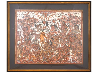 MID 20TH CEN THAI MIXED MEDIA PAINTING ON FABRIC