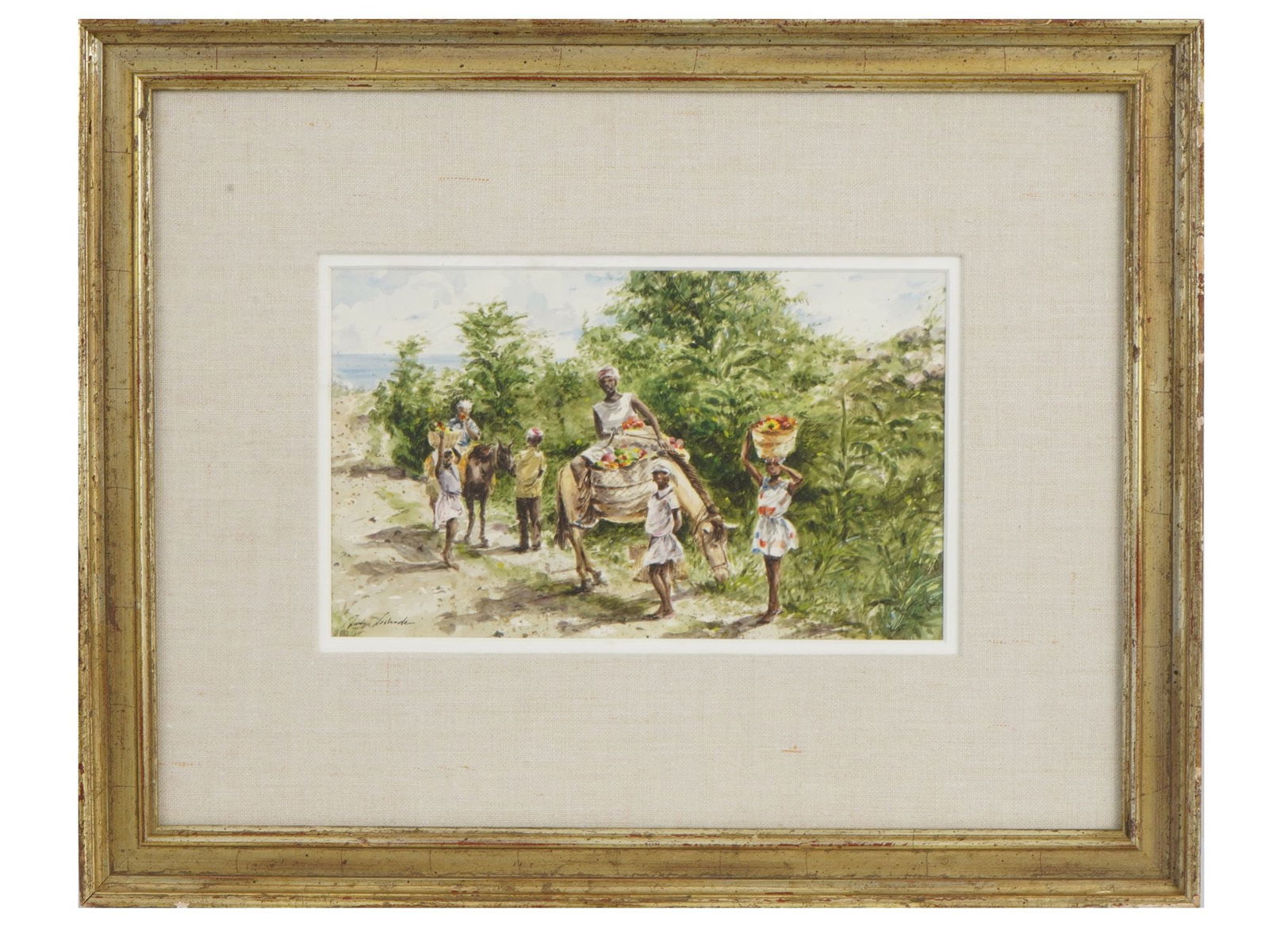 JACK LESTRADE AMERICAN FRENCH PAINTING HAITI MARKET: Jack Lestrade, American French, 20th century, a watercolor painting on paper titled On the Way to Market, Haiti, 1979. Signed lower left. Inscribed additionally on the label to the back. Matted and fr