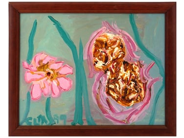 VINTAGE PRIMITIVIST FLOWERS OIL PAINTING 1999