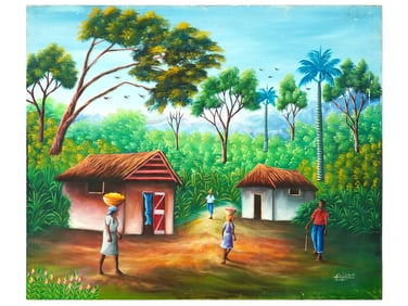 VINTAGE HAITIAN OIL GENRE PAINTING BY ROLAND