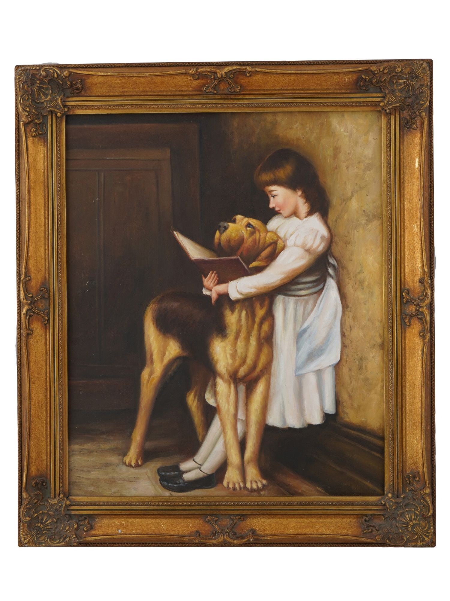 OIL ON CANVAS GENRE PAINTING AFTER BRITON RIVIERE: A vintage oil on canvas genre painting after Briton Riviere, British, 1840 to 1920. The original artwork titled Compulsory Education was created in 1887. The painting depicts a genre scene with a girl
