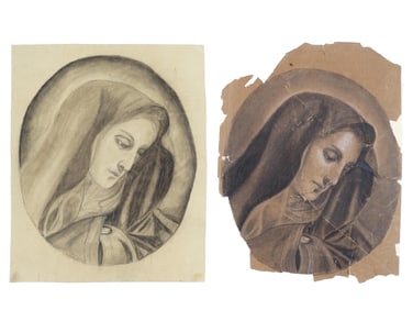 TWO VINTAGE PENCIL PAINTINGS WITH THE VIRGIN MARY