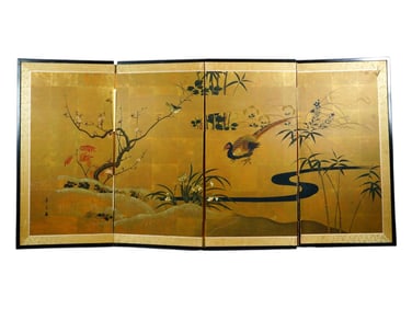 JAPANESE HAND PAINTED FOUR PANEL SCREEN ROOM DIVIDER