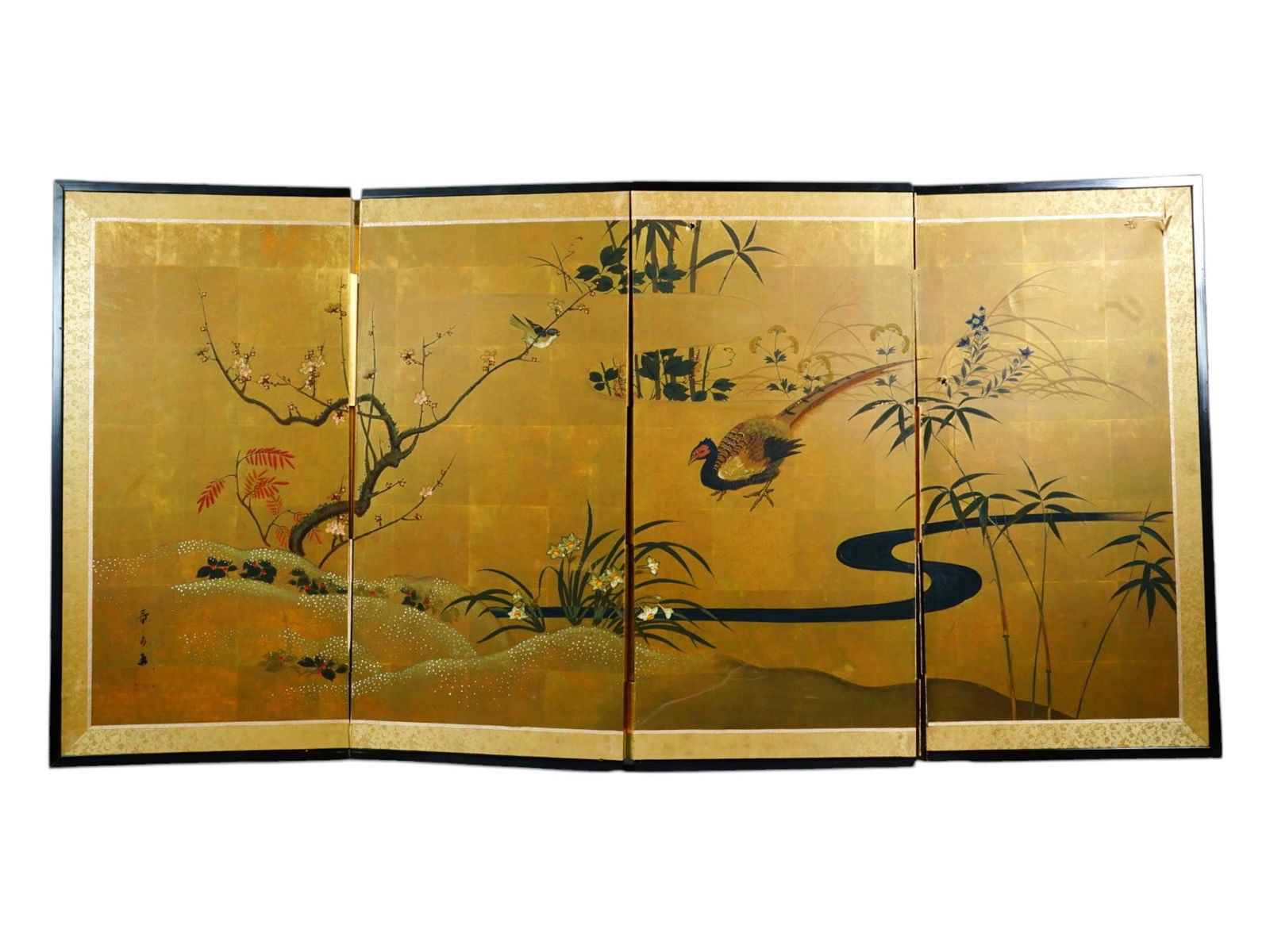 JAPANESE HAND PAINTED FOUR PANEL SCREEN ROOM DIVIDER (1 of 12)
