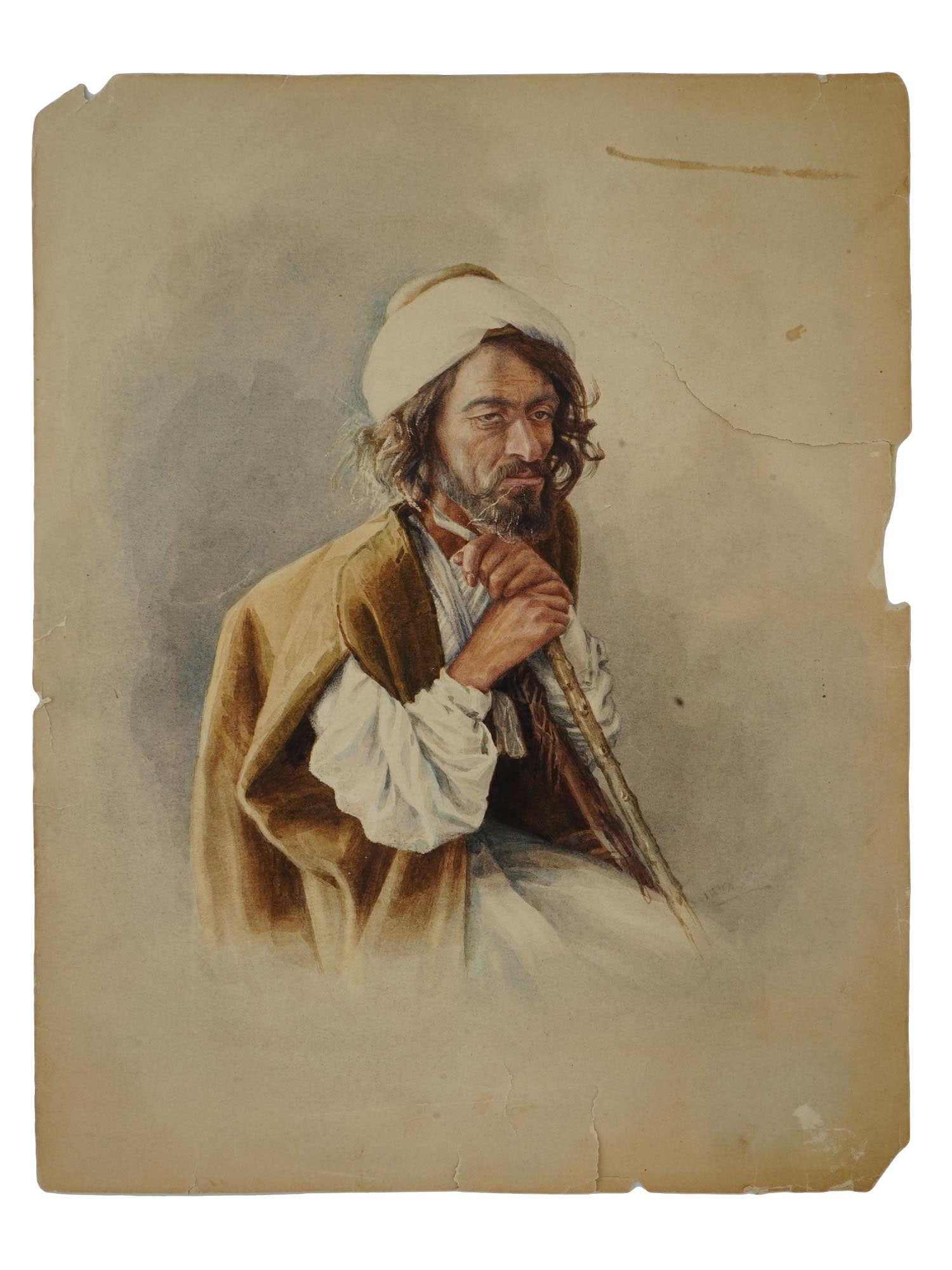 ANTIQUE EUROPEAN WATERCOLOR MUSLIM PORTRAIT PAINTING: An antique European School watercolor painting on paper, depicting a portrait of seated elderly Muslim man holding a cane in his hands. Circa mid to late 19th century. Traces of signature lower right.