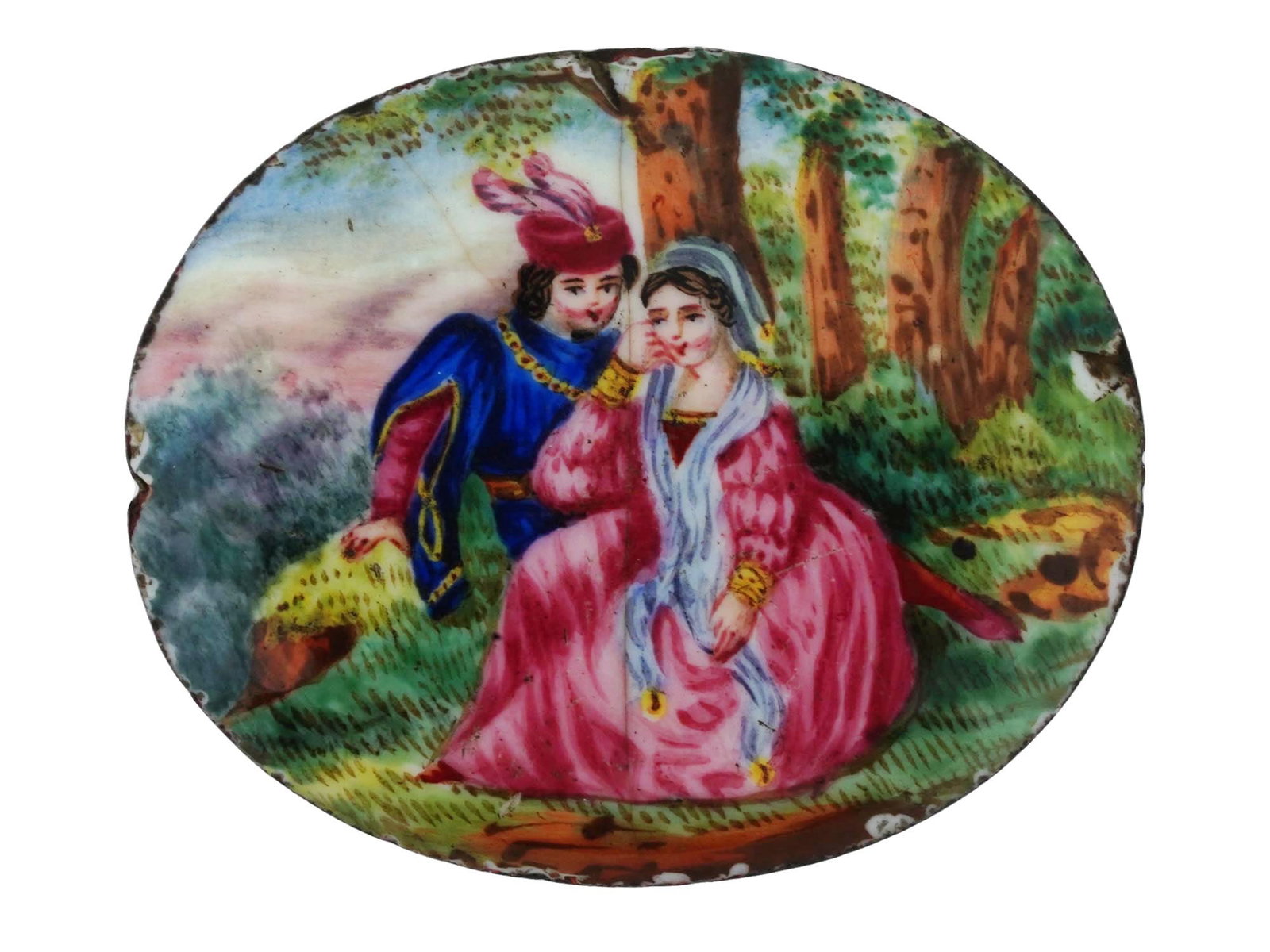 ANTIQUE SWISS ENAMEL PLAQUE W SCENE OF COURTING: An antique Swiss oval enamel plaque with a scene of courting. The plaque depicts a noble couple, a man and a woman in a fluffy pink dress and a long flowing blue scarf, talking against the backdrop of