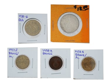 5 NAZI GERMAN THIRD REICH COINS 1937 TO 1938