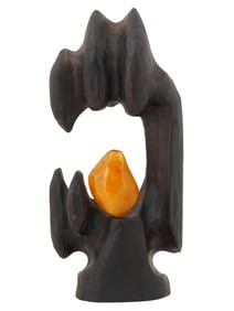 VINTAGE HAND CARVED WOODEN SCULPTURE WITH AMBER STONE