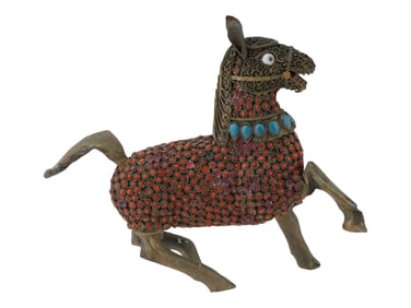 TIBETAN GILT BRONZE FILIGREE GEMSTONE HORSE FIGURE