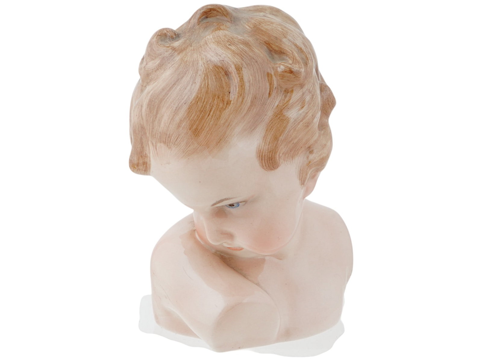 ITALIAN PORCELAIN HEAD SCULPTURE BY CERAMICHE D ARTE: An Italian hand painted glazed porcelain head sculpture by Ceramiche D Arte. Circa the mid 20th century. The sculpture is a bust of a little girl with blue eyes in a complex curved pose with her head 