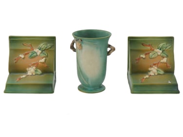 SET OF AMERICAN ROSEVILLE POTTERY 2 BOOKENDS 1 VASE