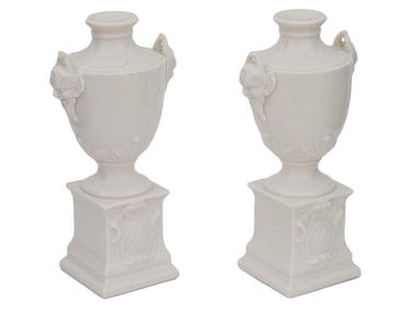 ANTIQUE NYMPHENBURG PORCELAIN SATYR URN VASES