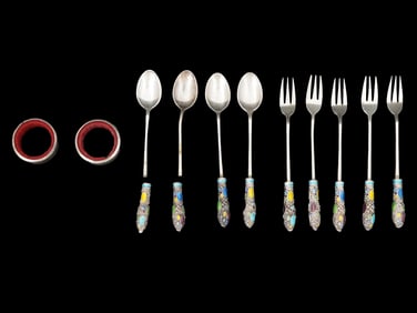 VINTAGE SILVER ENAMEL SPOONS AND FORKS AND NAPKIN RINGS