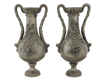 ANTIQUE FRENCH BRONZE URN VASES WITH FLORAL MOTIFS