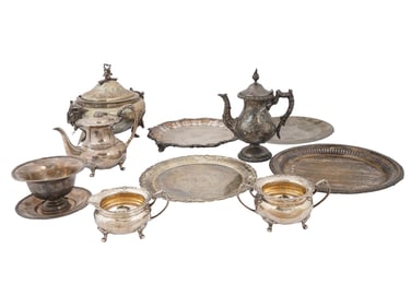 ENGLISH SILVER PLATED TEA POTS AND SERVING PLATES