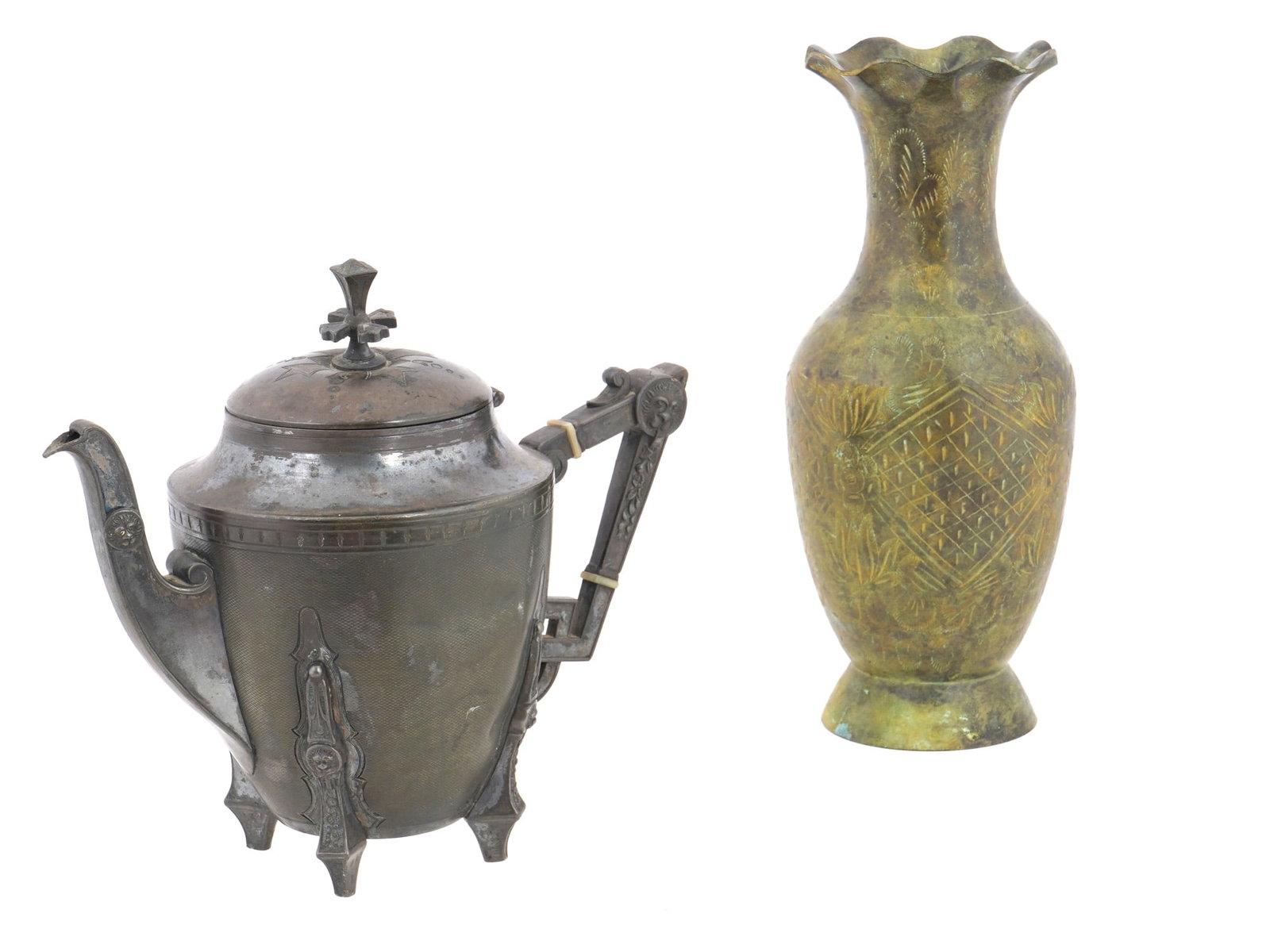 ANTIQUE ENGRAVED METAL TEAPOT AND VASE (1 of 9)