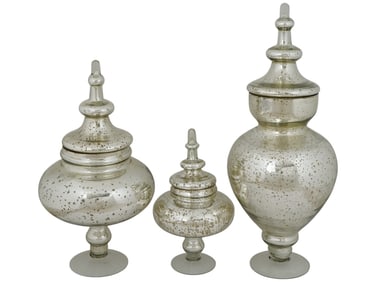 THREE HAND BLOWN MERCURY GLASS APOTHECARY LIDDED JARS