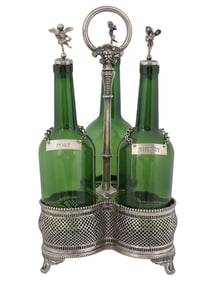 VINTAGE METAL STAND FOR 3 GLASS LIQUOR BOTTLES