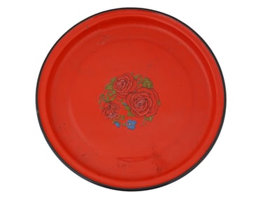 VINTAGE ROUND ENAMEL METAL TRAY WITH FLOWERS