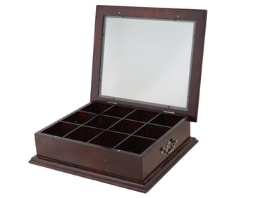 WOODEN TRINKET BOX WITH HINGED GLASS LID