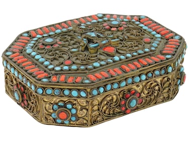 ANTIQUE 19TH C TIBETAN CORAL AND TURQUOISE BRASS BOX