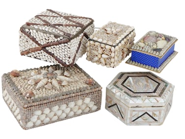GROUP OF 5 ANTIQUE VICTORIAN AND VINTAGE BOXES W SHELLS